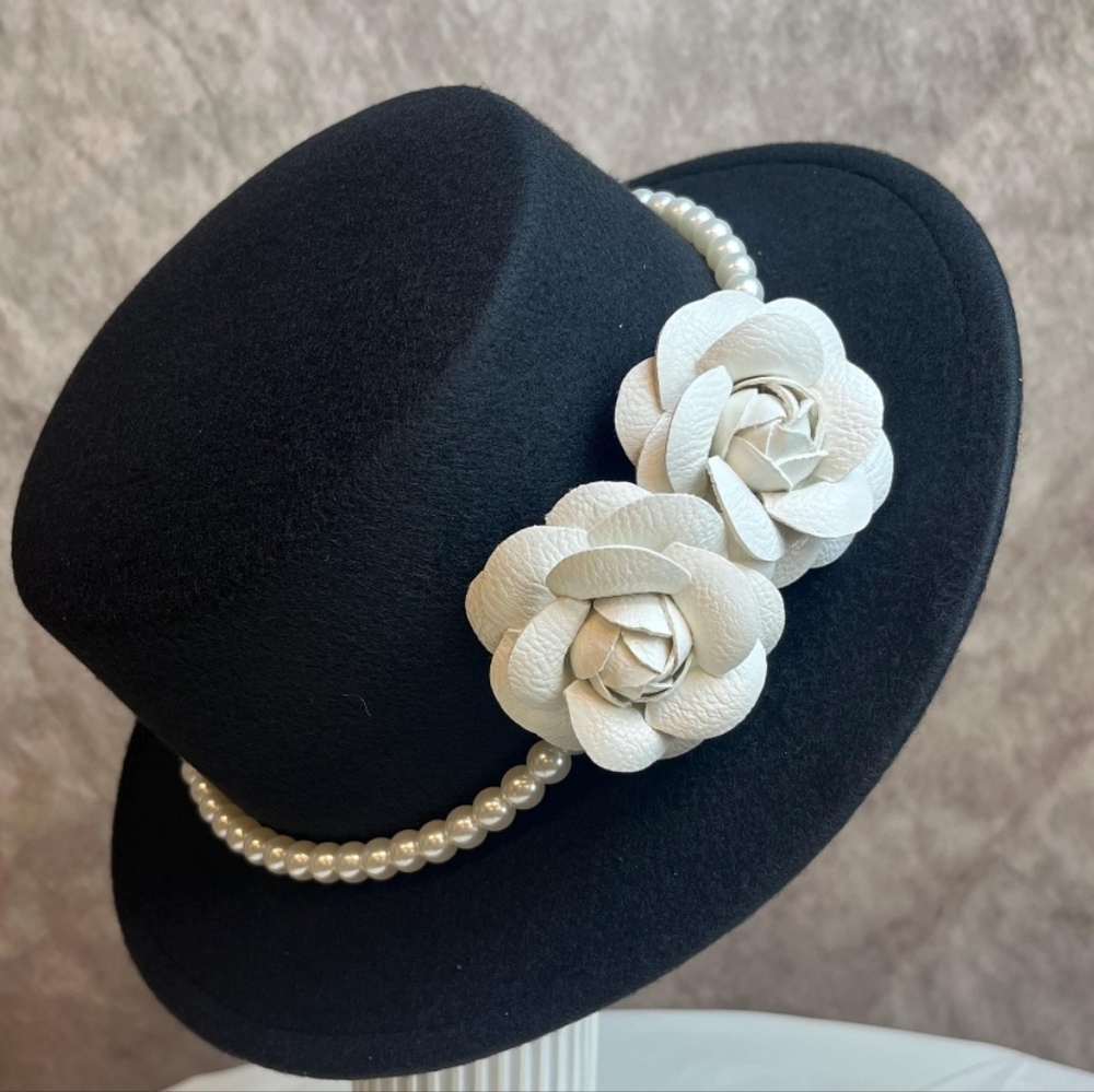 Handcrafted Black  Wool Fedora With Floral Pearl Band